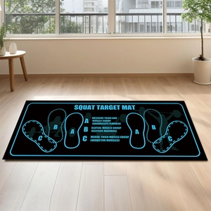 Detailed view of squat training mat with blue muscle group target and foot placement guides