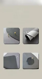 Detailed views of gray tech fleece desk mat showing water absorption and non-slip rubber base