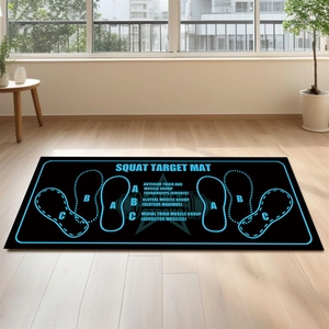 Detail of squat target mat showing foot placement guides for muscle training at home