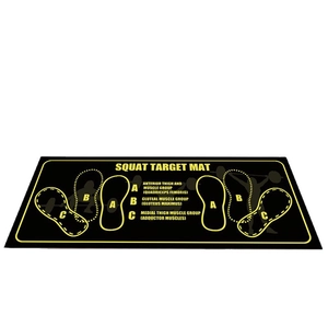 Squat target training mat with yellow foot placement guides and muscle group instructions
