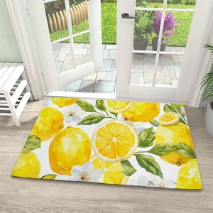 Absorbent diatom mud bath mat with lemon patterns on light wooden flooring