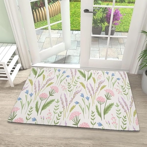 Detailed view of lavender and floral printed absorbent mat on light wooden floor