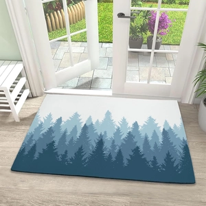 Detailed view of non-slip absorbent floor mat with blue forest gradient pattern design