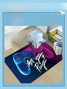 Detail of 3D gaming rug showing neon controller design and plush polyester texture