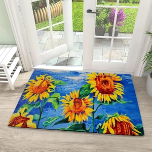 Detailed view of sunflower oil painting style entryway rug with non-slip black borders