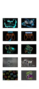 Detailed grid showing ten varied 3D game controller carpet patterns with neon and pixel art