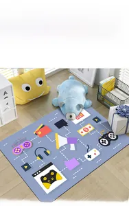 Close-up of 3D gaming rug with cartoon controller patterns on wooden floor