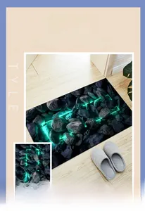 Detail of 3D visual stone mat with neon cyan accents on a light wooden floor