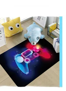 Detailed close-up of 3D gaming rug featuring neon controller icons in a room