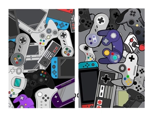 Detail of 3D game controller pattern and vintage gaming console prints for area rugs