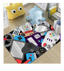Detail showing the 3D gaming controller patterns on a colorful bedroom floor carpet