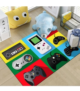 Detailed top view of 3D gaming controller rug featuring retro joystick console prints