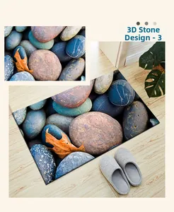 Detail of 3D stone pattern doormat with pebbles and dry leaves on light wood floor