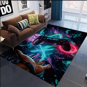 Modern living room rug with 3D neon game controller design and geometric symbols