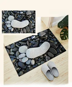 Detail of 3D stone visual effect doormat with pebble footprint pattern on wood floor