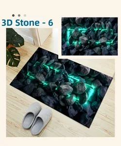 Detailed view of 3D cobblestone door mat with neon green lines on wooden floor