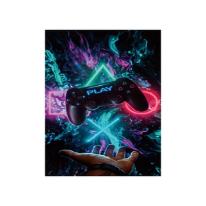 3D game controller area rug with glowing PLAY text and neon cyberpunk geometric pattern