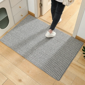 Close-up of gray sisal-style entrance mat texture on wooden floor for hallway