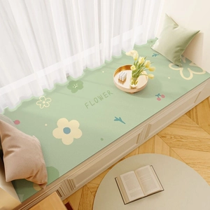 Waterproof leather bay window mat with green daisy pattern and modern floral design