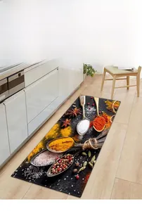 Detailed spice pattern of the absorbent kitchen mat on light wood flooring