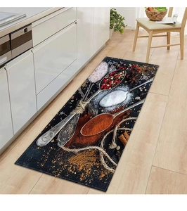 Detail view of non-slip kitchen runner rug with high-fidelity spice and spoon 3D printing