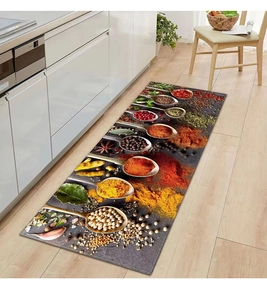 Macro detail of kitchen runner rug showing vibrant 3D spice patterns and absorbent texture