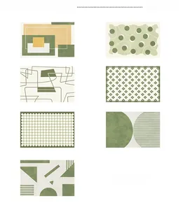Detailed grid showing seven modern green and beige geometric patterns for area rugs
