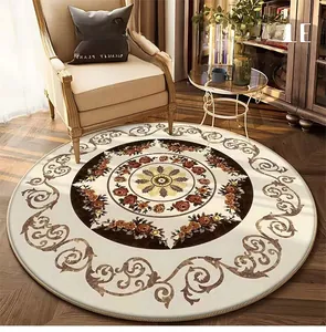 Detailed pattern of round European style rug with floral motifs and scrolled leaves