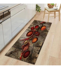 Detail view of 3D kitchen mat showing vibrant spices and chili on rustic wood texture