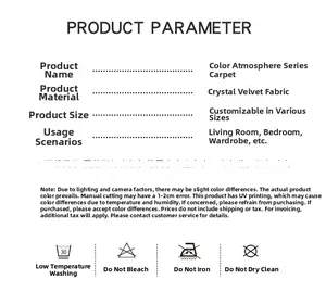 Specifications of crystal velvet carpet showing material and care instructions