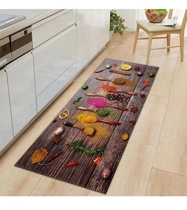 Detailed 3D spice print kitchen runner with herbs and wooden spoons on dark background