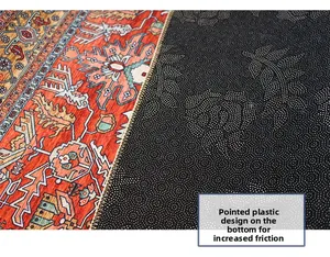 Detailed view of bohemian round rug with non-slip dotted backing and edge stitching
