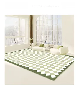Modern green and white checkered rug detail showing serrated edges in a bright living room