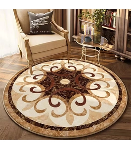 Detailed view of European classical round rug with baroque patterns and marble texture
