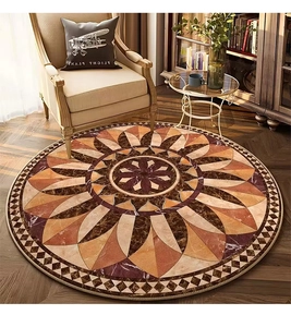 Close-up of circular rug with European vintage geometric marble pattern and brown tones
