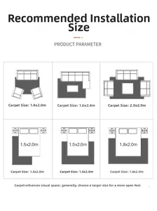 Size guide for modern area rugs showing dimensions for living room and bedroom layouts
