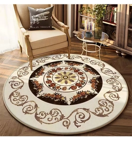 Detail of round European classical rug with floral patterns in a cozy living room scene