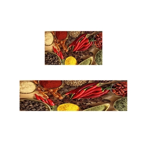3D kitchen floor mat set featuring vibrant spices like chili and turmeric on white background