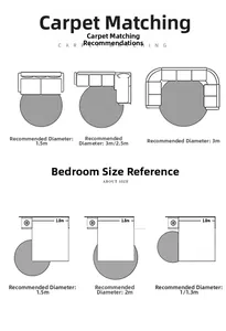 Size guide for round bohemian carpets showing layout options for living room and bedroom
