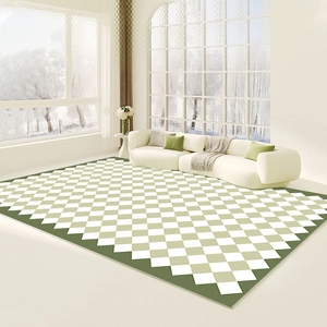 Modern green and white checkered rug for living room with minimalist nordic style