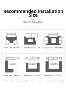 Size guide for bohemian rugs in living room and bedroom with various placement options