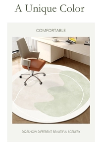 Abstract circular rug featuring minimalist green and beige color blocks for office decor