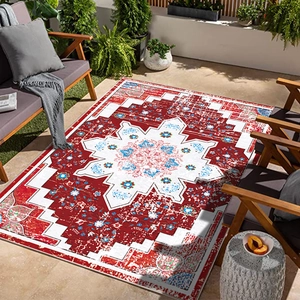 Persian style living room rug with vintage bohemian patterns on a sunlit outdoor patio