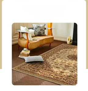 Detail of vintage Persian style rug with intricate patterns and warm beige tones