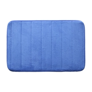 Striped coral fleece bathroom mat in navy blue with soft absorbent texture