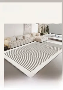 Detail of minimalist crystal velvet carpet with geometric patterns in a modern living room