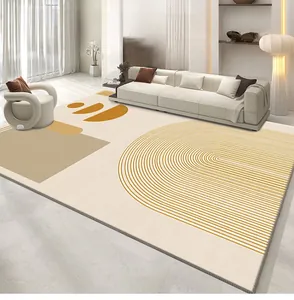 Detail of minimalist wabi-sabi rug with yellow geometric lines in a modern bright living room