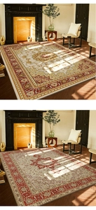 Detailed view of vintage Persian rugs with intricate floral patterns and elegant tassels