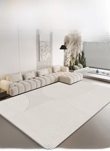 Detail of minimalist cream carpet with grey geometric lines in a modern living room