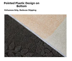 Detail of minimalist rug showing non-slip dotted backing and striped soft fiber surface